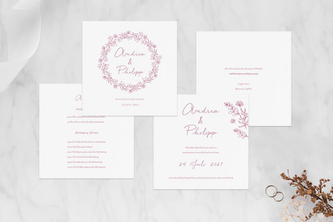 Hochzeitseinladung Design Rosenpracht in rosa Klappkarte quadratisch Paper Studio Zankyou