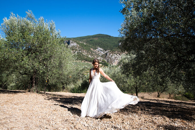 Une mariée pose au milieu des oliviers en Provence 