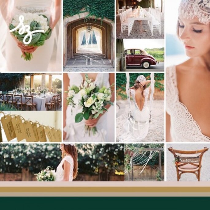 Collage de inspiración para una boda con detalles clásicos en un lugar rústico - Foto atelierjoya.com, featherandstone.com.au, lovemydress.net - Diseño de Raisa Torres para SZ Eventos szeventos.com