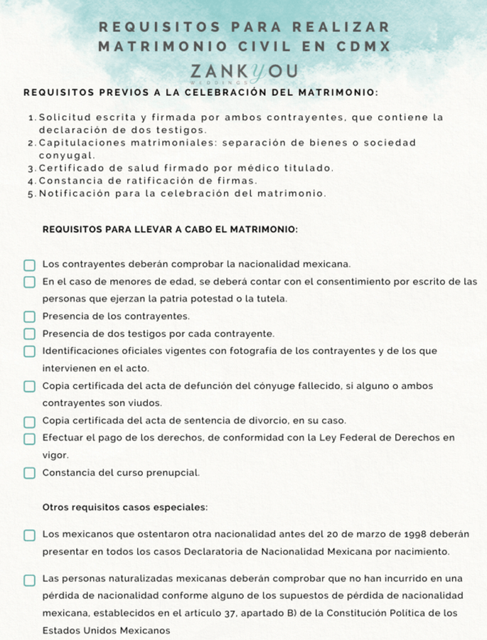 Descarga la imagen para tener un checklist con los requisitos para casarte al civil en ciudad de mexico CDMX