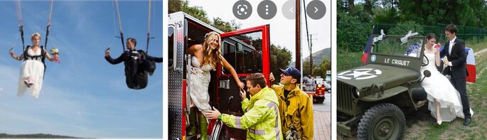 Arrivée des mariée en parachute, camion de pompier, jeep à un mariage militaire 