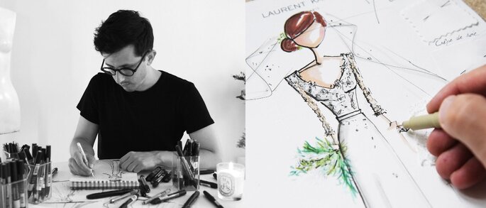 Laurent Kapelski en train de dessiner une robe sur-mesure pour une future mariée