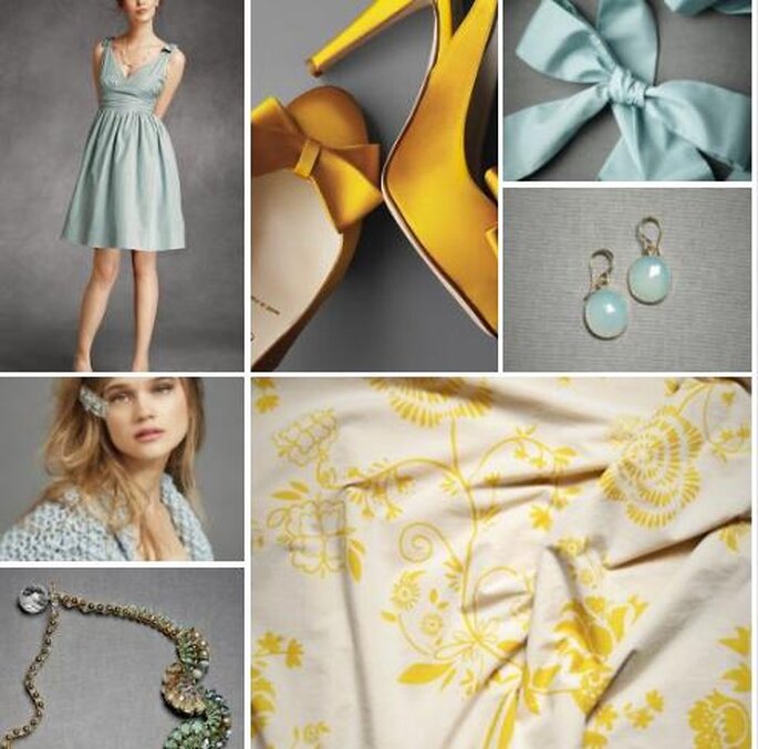 Outfit completo en azul pálido y amarillo para tu boda. Fotos: BHLDN