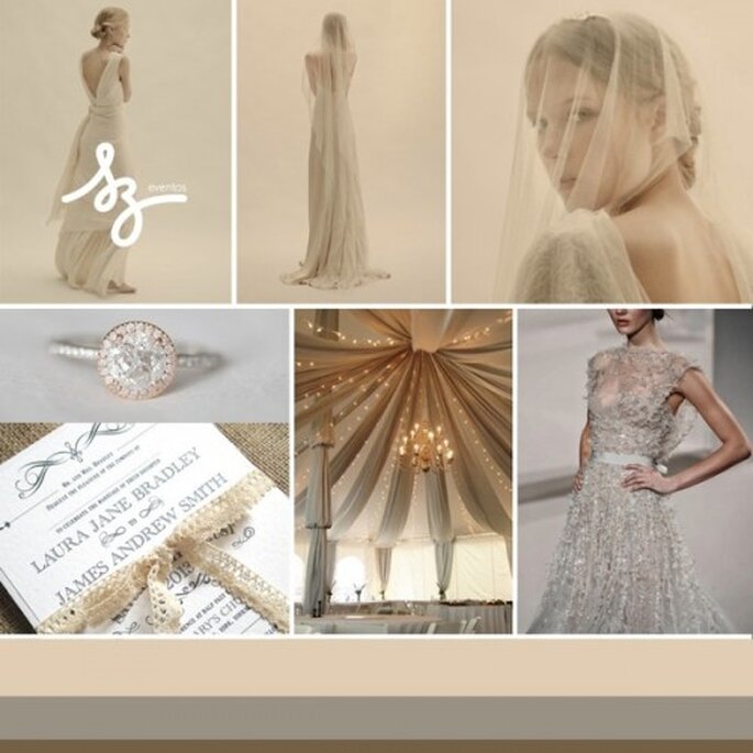 Collage de inspiración para tener una boda mágica y muy elegante - Fotos somethingnewstationery.co.uk, smthgblue.tumblr.com, burnettsboards.com, eliesaab,com. Diseño de Raisa Torres para SZ Eventos