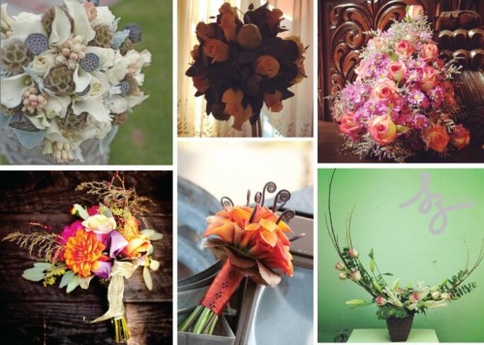 Collage de inspiración de flores secas para boda en otoño. Fotos Ambiencefloral, Indulgy