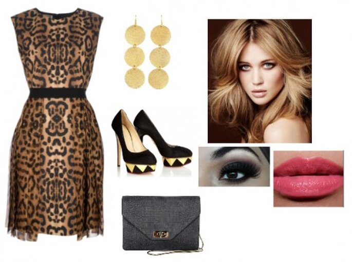 Look inspirado en el estampado de leopardo para ir a una boda - Vestido Giambattista Valli, aretes Charlotte Russe, bolsa Givenchy, zapatos Charlotte Olympia