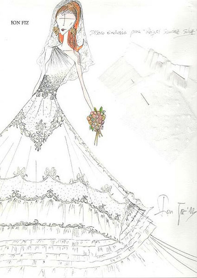 El diseñador Ion Fiz ha desvelado el boceto original del vestido de novia de la presentadora. Foto: Twitter