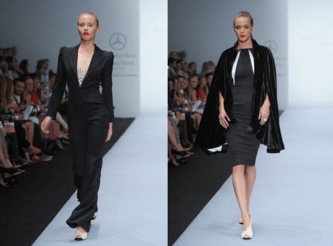 Jumpsuit y vestido con capa en color negro - Foto Mercedes Benz Fashion Week México