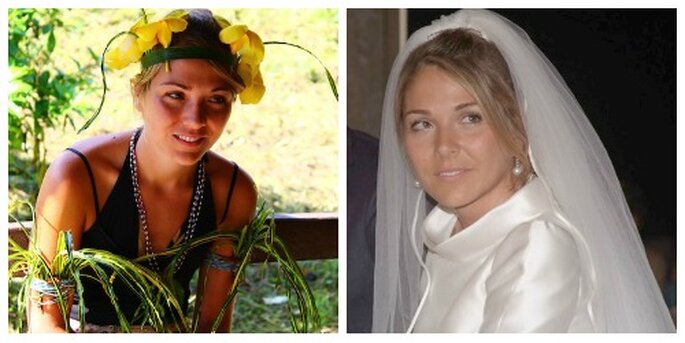 Los dos look de Meritxell son muy distintos: Vestido con velo de Rosa Clará y pareo y camiseta para su boda en la jungla.