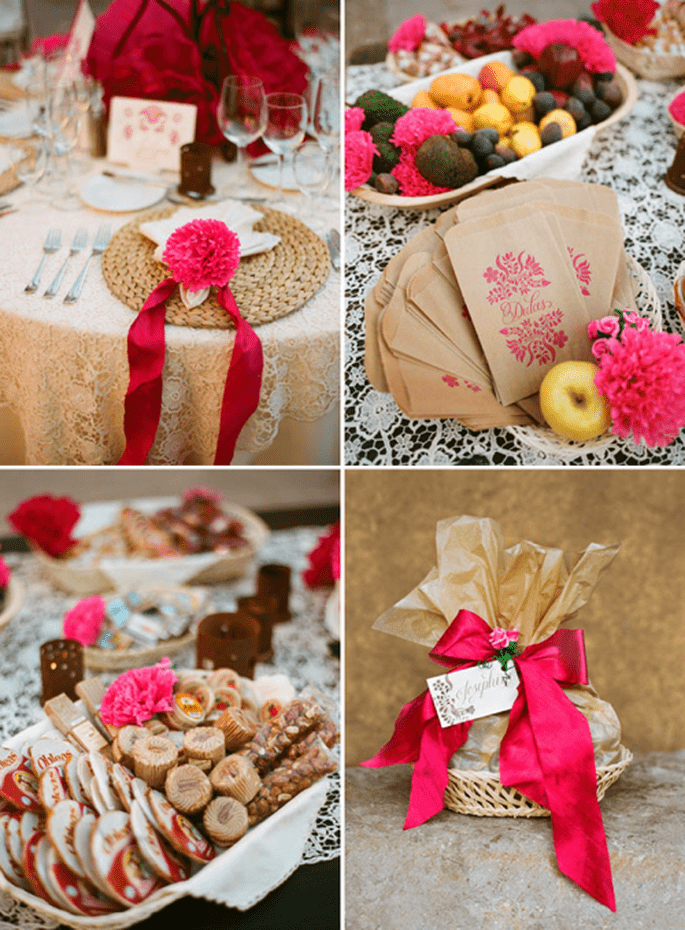 Detalles para mesa y dulces con flores en color rosa mexicano - Foto Aaron Delesie