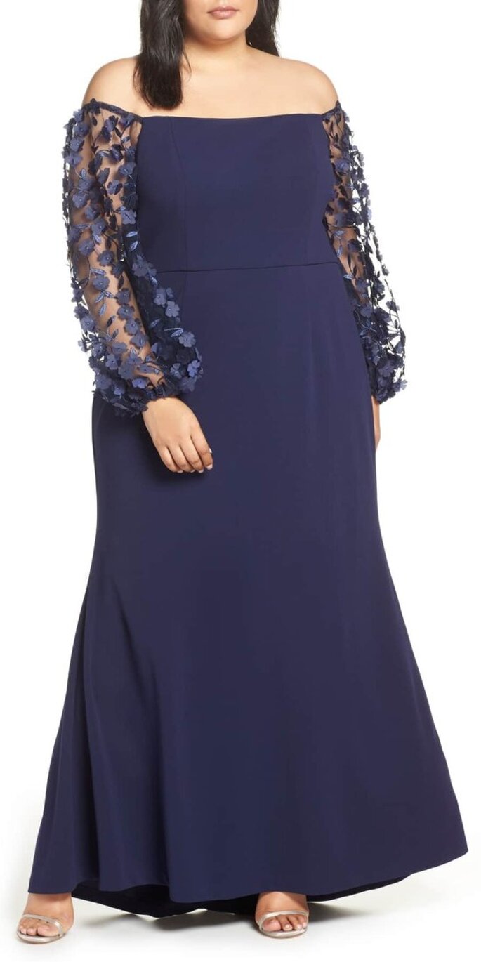 Vestido de festa plus size azul marinho com mangas em flores 3d, perfeito para mãe de noiva ou noivo