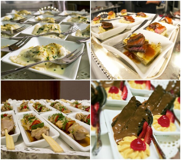 Créditos: Tzabar Catering y eventos/ 1. Ravioles de champiñones con salsa de 3 quesos/ 2. Lomo sobre pastel de papas/ 3. Brochetas de pollo con verduras en salsa agridulce/ 4. Torta de chocolate, mousse de lucuma y fresa 